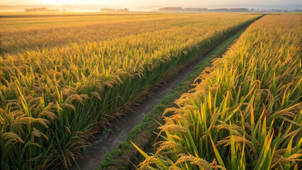 "A ground view of rice plants in neat rows, densely packed with a mix of green and golden ears. The field glows under warm sunlight, with subtle shadows adding depth. The rich earthy colors and the or