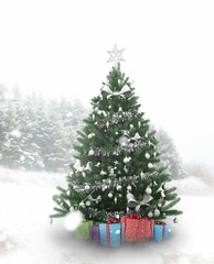 Christmas tree in snowy forest
