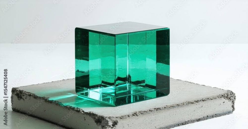 Poster green glass cube rests upon concrete slab. light refracts, creating internal glow, sharp edges visib