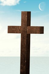 Wooden cross is standing above calm sea in flat design, showing wispy clouds and crescent moon