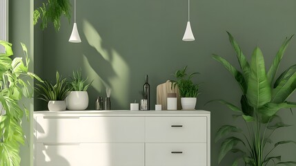 Green wall, White cabinet, Plants, Modern Green Living Room Interior with Plants and White Cabinet