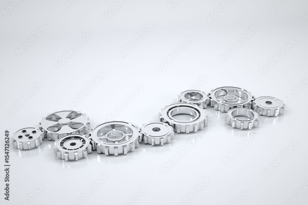 Poster row of polished silver gears is being shown in 3d render composition, with smooth gradient backdrop