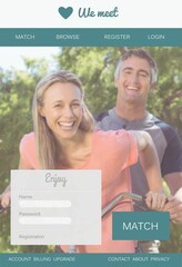 Mature couple is cycling through sunlit park under flat design dating interface with heart logo © vectorfusionart