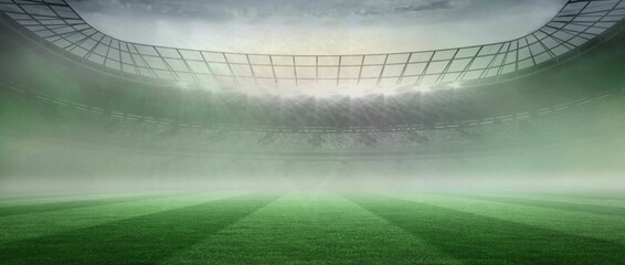 Obraz premium Flat design art is showcasing grass field with seating tiers under curved roof trusses, floodlights