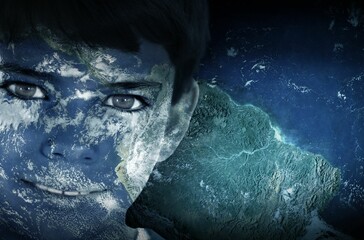 Digital art composition is blending boy's face with satellite Earth overlay and continent map