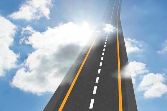Fototapeta Flat design highway with yellow edges, dashed line is climbing into fluffy clouds against blue sky