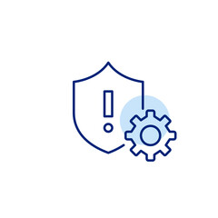 Shield, exclamation mark and cogwheel. Security alert settings, risk management configuration, system protection controls, threat response setup, cybersecurity monitoring. Pixel perfect, editable stro