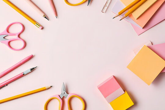 Creative Workspace Flat Lay with Stationery Items on Pastel Pink Background for Bloggers and Designers, Featuring Pencils, Pens, Scissors, and Sticky Notes in a Minimalist Style