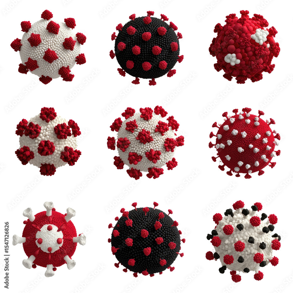 Poster 3d render of colorful virus models in various arrangements
