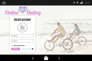 Online dating page showing signup form with status icons and beach bike ride, flat design