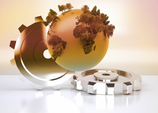 Fototapeta Golden Earth globe with sprouting trees is resting between gears under warm lighting in 3D render