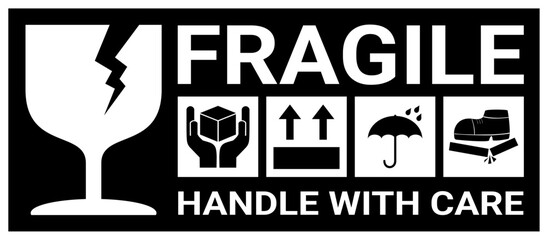 sticker fragile handle with care, black fragile warning label with broken glass symbol, this side up sign, keep dry and avoid liquid sign, do not trample. sticker for packaging.