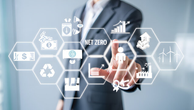 Business Professional Touching a Net Zero Icon on a Digital Interface Representing Sustainability Goals and Environmental Responsibility in Corporate Strategy