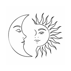 Crescent Moon and Sun Faces Line Art Black and White Celestial Design