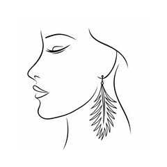 Woman Profile Line Art Feather Earrings Minimalist Design