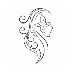 Black Line Art Woman Profile Flower Hair Swirls Dots