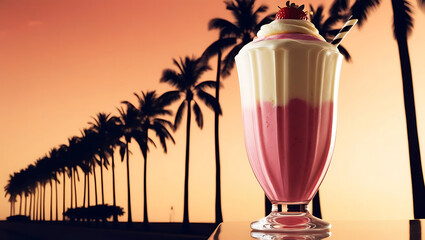 A colorful milkshake in a tall glass, featuring pink and cream layers