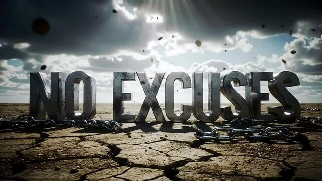 3D metallic &ldquo;NO EXCUSES&rdquo; text on cracked ground, broken chains beside it, dark stormy sky, light rays through clouds, dust in air, cinematic lighting, 4K, ultra dramatic.

