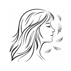 Woman Profile Line Art Drawing with Feathers illustration