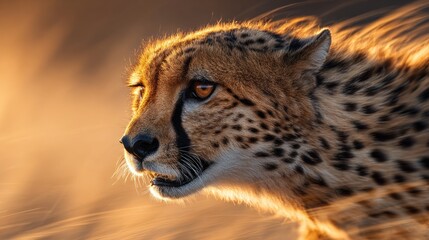 Close-up profile of a cheetah in golden light.