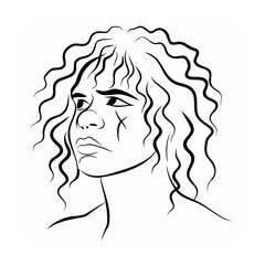 Black and White Line Art Portrait Aboriginal Person Curly Hair