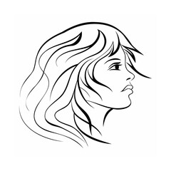 Black and White Line Art Woman Profile Long Hair face