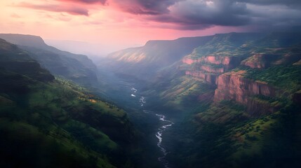 Fototapeta premium Valley, Canyon, Mountains, Serene Sunset Over a Deep Valley