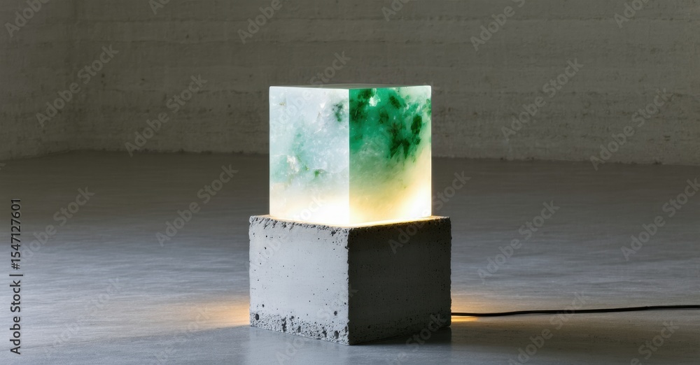 Poster Minimalist lamp. Concrete base supports translucent green cube emitting soft glow. Modern design, simple form, ambient lighting.