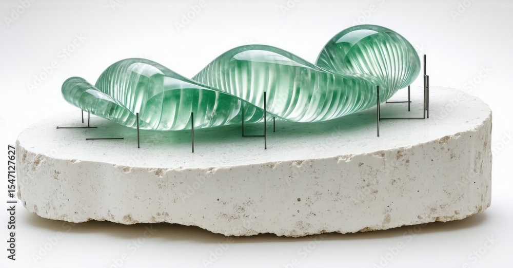 Poster glass sculpture rests upon stone base. nails secure wavy form, creating interesting visual contrast.