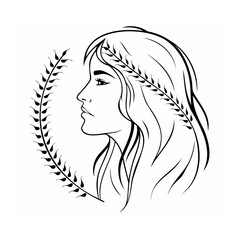 Black and White Line Art Woman Profile Wheat Wreath