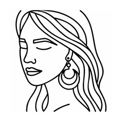 Line Art Woman Portrait Long Hair Crescent Earrings