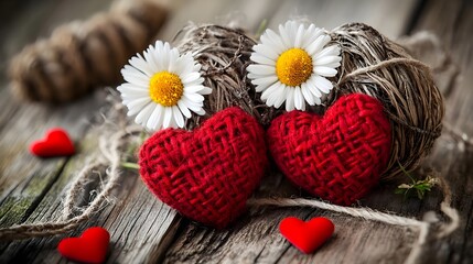 Fototapeta premium Love, Romance, Valentine's day, Romantic Red Hearts with Daisies on Rustic Wood