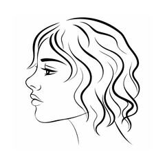 Wavy Hair Woman Profile Line Art Black White face
