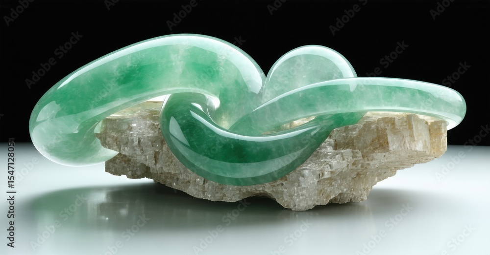 Poster Green jade carving rests upon rough stone base. Smooth curves intertwine, creating fluid form. Light highlights polished surface.
