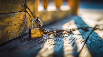 Liberation Gathering Loyalty Style. Locked padlock on a chain against a wooden surface.