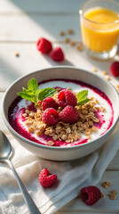aesthetic wellness breakfast image of granola cereal bowl with raspberries and orange juice served on white tabletop for branding visuals and ads food photography wallpaper background