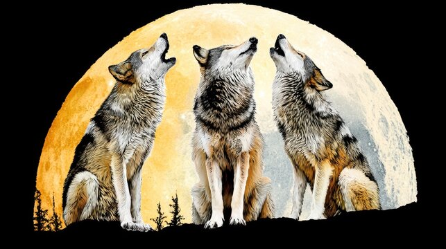 Liberation Gathering Loyalty Style. Three wolves howling at a full moon under a dark sky.