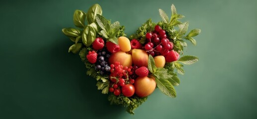 Obraz premium Colorful Fruits and Vegetables Heart-Shaped Arrangement