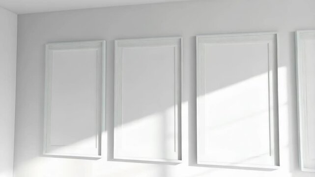 Bright white minimalist interior with four framed blank canvases on wall and sunlit floor for art gallery display or studio space