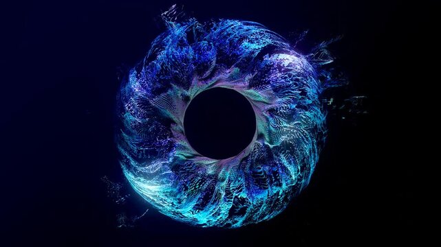 3d render of abstract art video animation with surreal ring circle as flower emit small particles around in wavy liquid splash pattern in glowing neon blue and purple color on dark blue background
