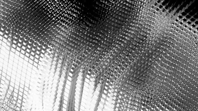 3d render video animation of black and white monochrome abstract art of surreal decorative 3d background video animation based on small cubes boxes squares particles in isometric view angle