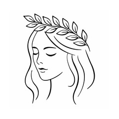 Line Art Woman Face with Leaf Crown Black and White Minimalist Portrait