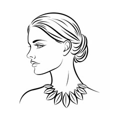 Black and White Line Drawing Woman Profile Leaf Necklace 1