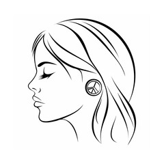 Black and White Line Art Profile of Woman with Peace Symbol Earring