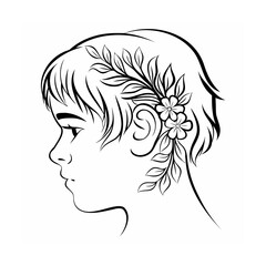 Black and White Line Art Profile of Child with Floral Design