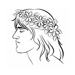 Black and White Line Drawing of Man with Flower Crown Long Hair Profile