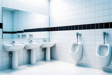 A Clean and Modern Public Restroom for Men Featuring White Tile and Minimalist Design with Urinals and Sinks for a Functional and Hygienic Environment