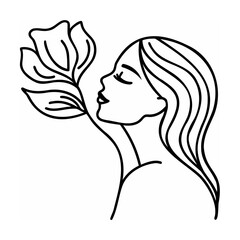 Woman Profile Line Art Floral Design Black White vector