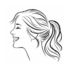 Black and White Line Drawing of Woman Smiling Profile View Ponytail Hair