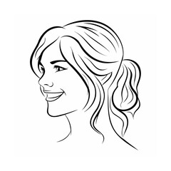 Black and White Line Drawing of Smiling Woman with Ponytail